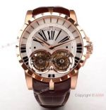 Super Clone Roger Dubuis RDDBEX0249 Double Tourbillon Men Watch Silver Dial Rose Gold